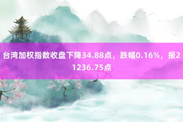 台湾加权指数收盘下降34.88点，跌幅0.16%，报21236.75点